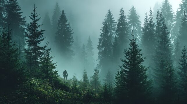 Man stands before towering sasquatch silhouette in foggy north american forest