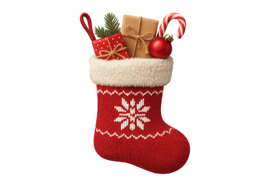 Christmas stocking full of gifts with transparent background