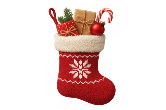 Christmas stocking full of gifts with transparent background