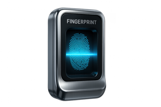 Fingerprint being scanned on futuristic device with transparent background