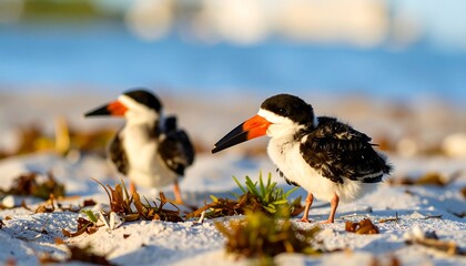 Two young birds on a beach