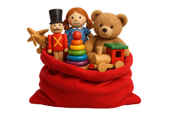 Christmas toys overflowing from santa claus bag on transparent background