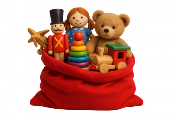 Christmas toys overflowing from santa claus bag on transparent background