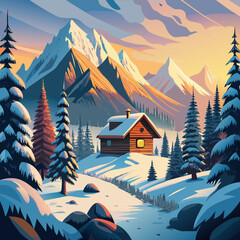 Charming rustic wooden cabin nestled in a snowy mountain landscape vector