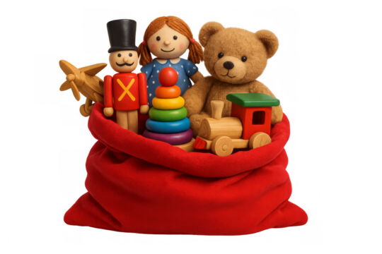 Christmas toys overflowing from santa claus bag on transparent background