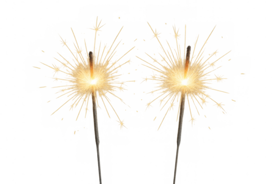 Two burning sparkler fireworks on transparent background creating festive atmosphere