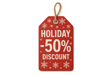 Red holiday discount label showing 50% off with snowflakes and transparent background
