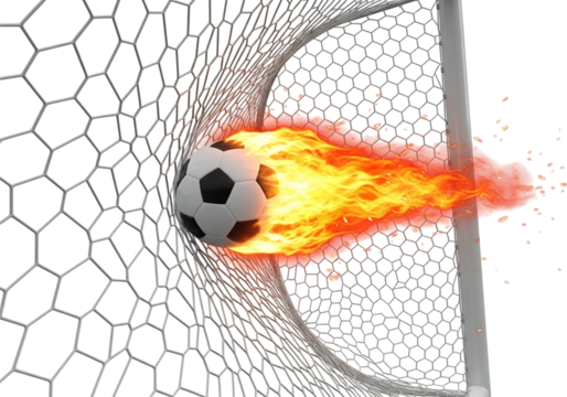 Soccer ball on fire going into the net isolated on transparent background
