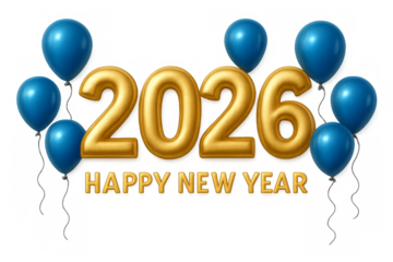 2026 happy new year golden foil balloons with blue balloons on transparent background