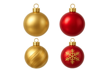 Four christmas ornaments hanging with transparent background