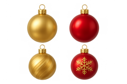 Four christmas ornaments hanging with transparent background
