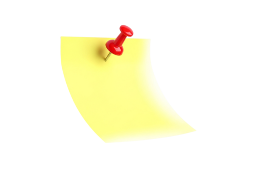 Yellow sticky note with red pin isolated on transparent background