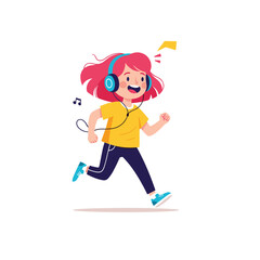 Cute girl wearing headphones enjoying music while running and exercising outdoors