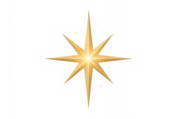 Golden eight-pointed star shining on transparent background