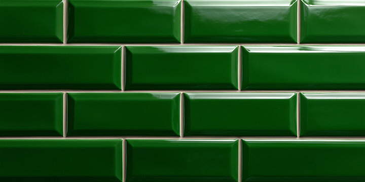  Emerald green beveled subway tile texture with glossy reflective finish.
