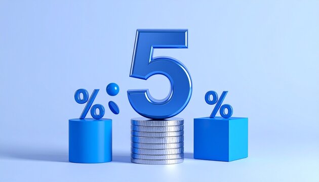 5% financial concept with coins and bar graphs