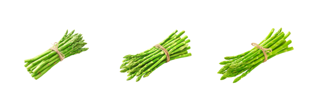 Fresh green asparagus bundles tied with twine on black background, natural food photography PNG set, transparent background