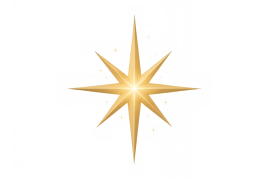 Golden eight-pointed star shining on transparent background
