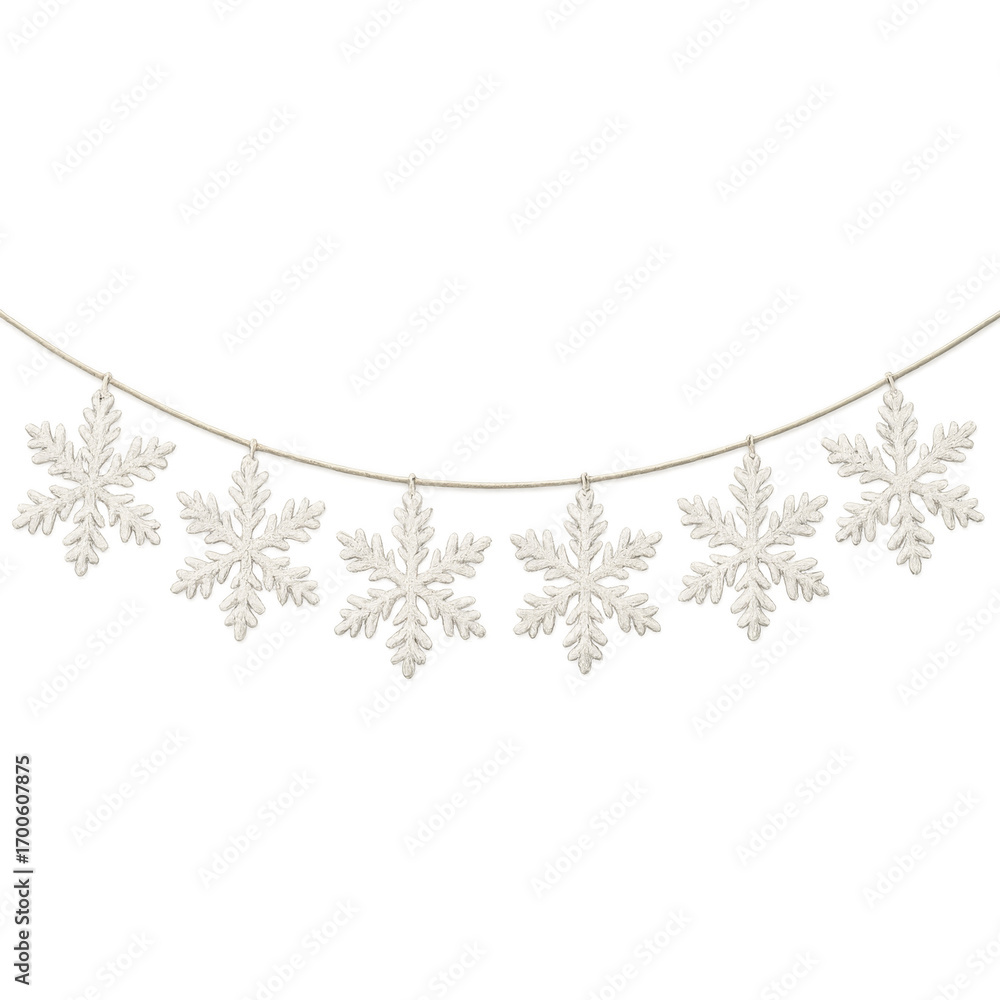 Poster white knitted snowflakes hanging on string with transparent background