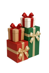 Obraz premium Stack of colorful christmas gift boxes with ribbons on transparent background