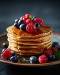 A stack of pancakes topped with fresh berries and syrup on a rustic plate