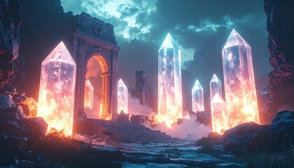 Glowing crystals ancient ruins : fantasy landscape enigmatic fiery