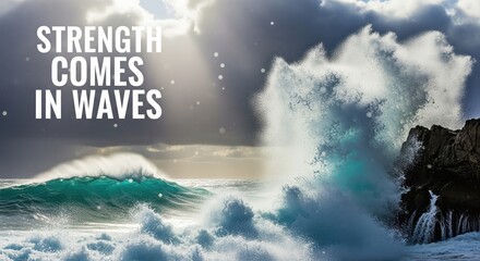 An inspirational quote about resilience, "Strength Comes In Waves," over a powerful and dramatic ocean storm scene.