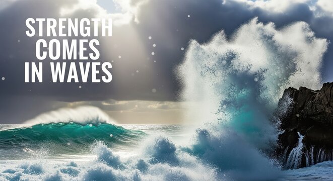 An inspirational quote about resilience, "Strength Comes In Waves," over a powerful and dramatic ocean storm scene.