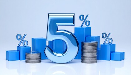 5% financial concept with coins and bar graphs