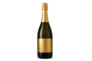 Champagne bottle with golden label on transparent background