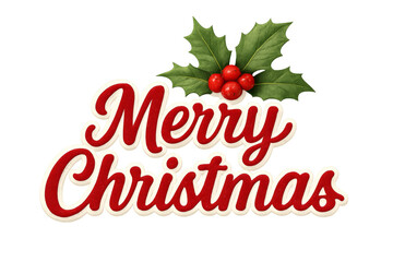 Merry christmas red lettering with holly berries on transparent background