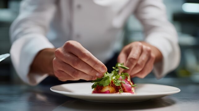 A professional close-up shot of a chef is hands delicately plating a gourmet meal in a clean, modern kitchen. - Powered by Adobe