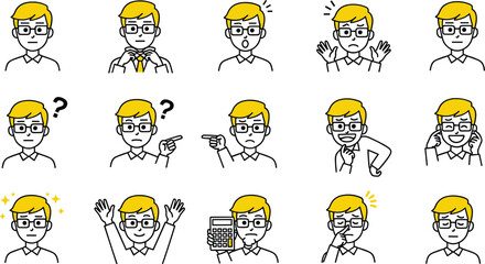 Fototapeta premium Cartoon illustration of yellow‑haired person with glasses showing 15 different facial expressions and gestures, emotion and action concept, vector art, flat design