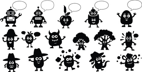 Funny cartoon monsters and robots, cute monster characters, playful robot icons, comic facial expressions, kids friendly vector, whimsical fantasy creatures, various monster emotions, speech bubbles, 