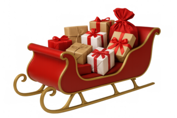 Red santa claus sleigh full of christmas gifts on transparent background
