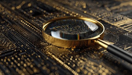 Golden magnifying glass over intricate circuit board