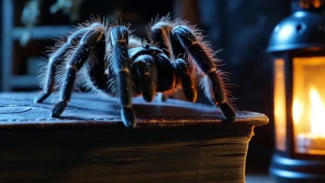 A large hairy tarantula spider crawls on an old book near a lantern in a dimly lit room