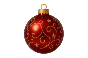 Red christmas ball ornament hanging with golden stars and swirls on transparent background