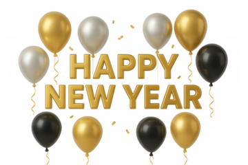 Happy new year golden greeting with black, white and gold balloons on transparent background