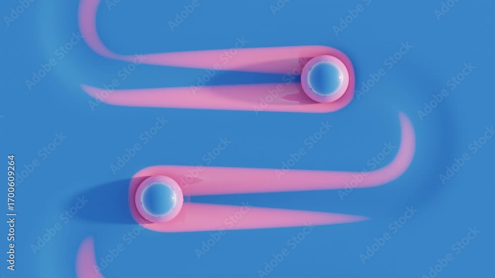 Poster blue 3d spheres rolling across soft liquid blue surface leaving vivid pink traces form surreal abstr