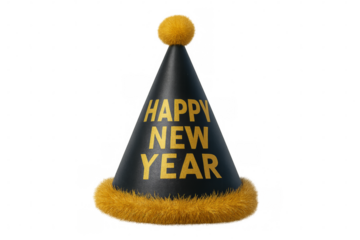 Black and gold party hat wishing happy new year on transparent background