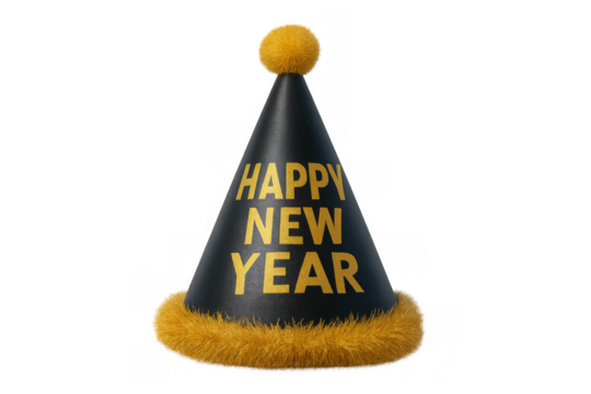 Black and gold party hat wishing happy new year on transparent background