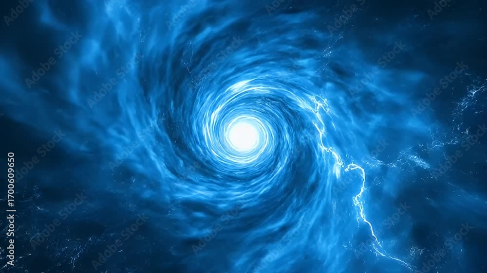 Poster abstract blue swirling vortex with crackling lightning effect, digital animation in deep space