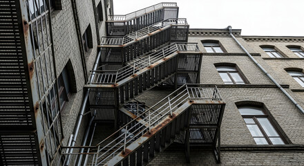 Low angle view of a metal fire escape on an old brick building.