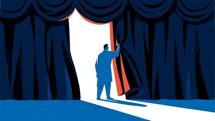 A vector graphic depicting a stage curtain partially drawn back, revealing a powerful, yet ambiguous, figure bathed in a harsh spotlight. 