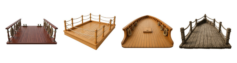 Obraz premium Wooden deck set including elegant, simple, bow, and rustic styles isolated. Nautical and marine design elements.