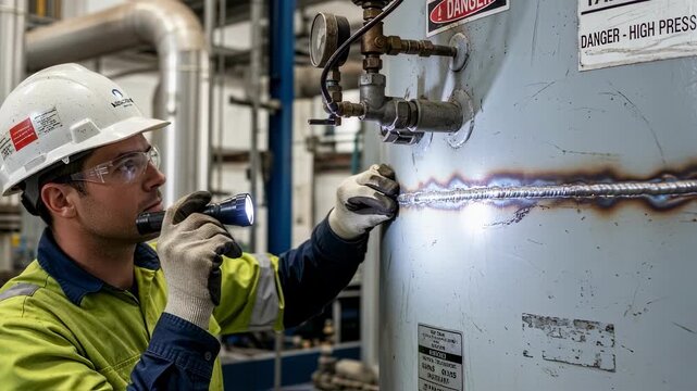 Industrial maintenance professional visually examining weld seams and surface integrity of an air receiver tank before tagging it off for safe operation.