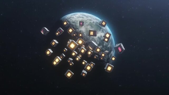 CubeSat Swarm Formation Animation in Outer Space