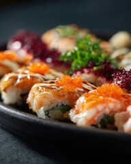 A platter of assorted sushi rolls with colorful garnishes and sauces