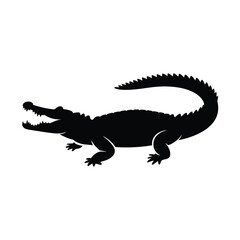 Black silhouette of a crocodile with open mouth on white background